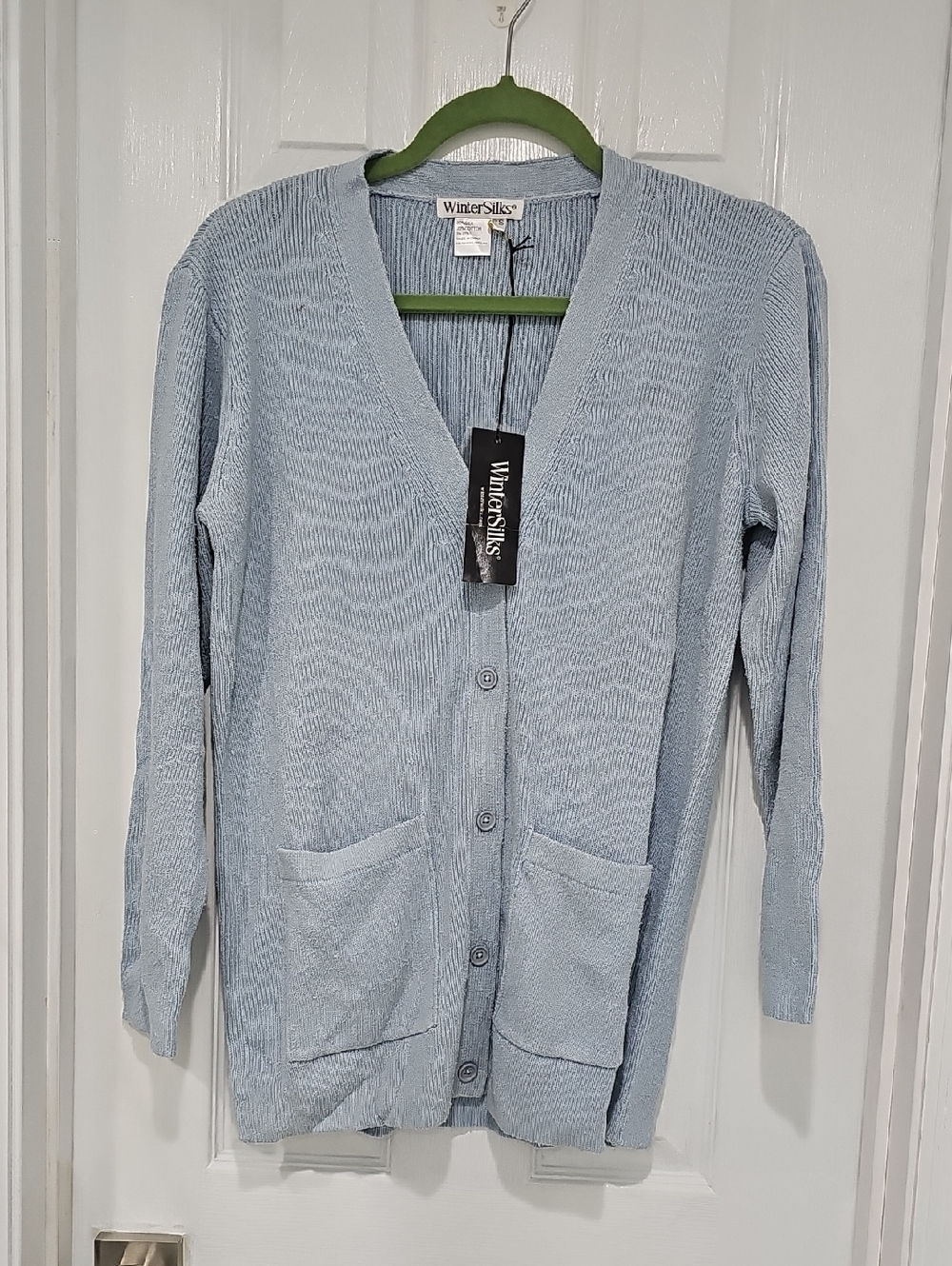 WinterSilks Pale Blue V-Neck Button Front Cardigan
